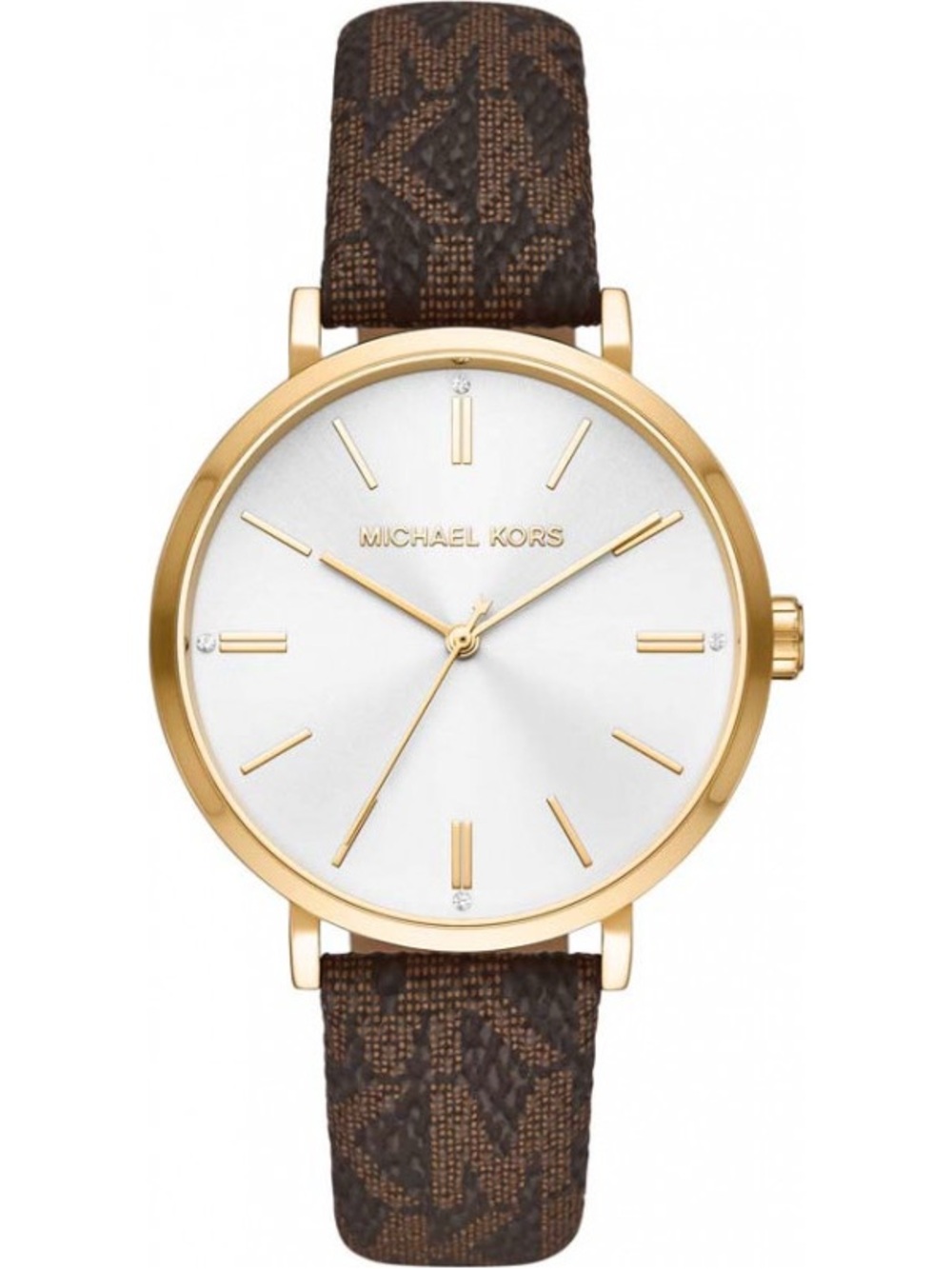 Michael Kors Women’s Gold Dial Brown Logo Leather Strap Watch